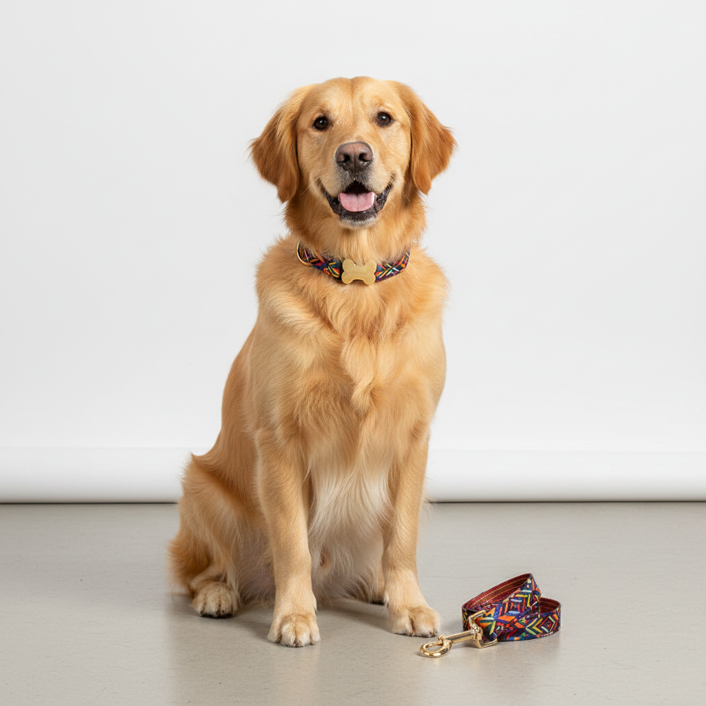 Golden retriever sitting on a light gray floor with a colorful collar and leash.