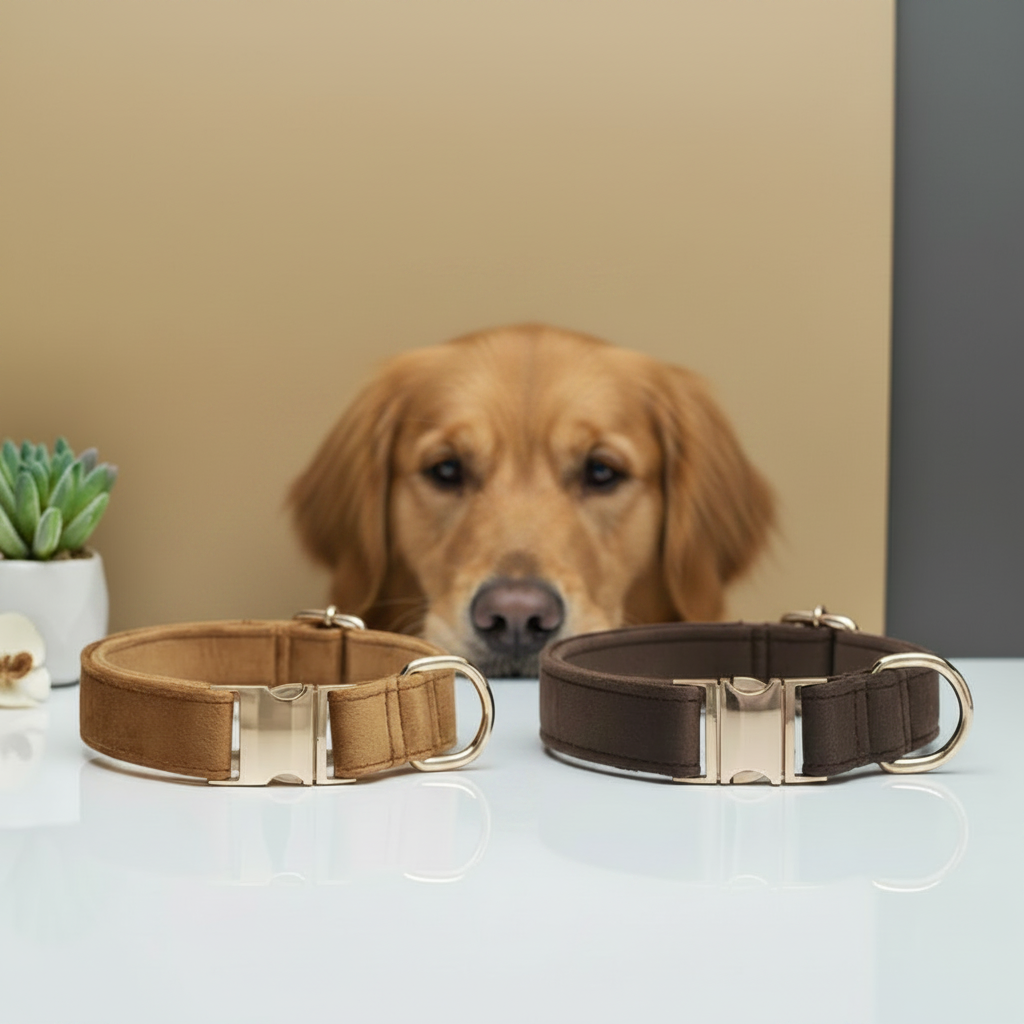 Dog sitting behind two dog collars on a table with a neutral background