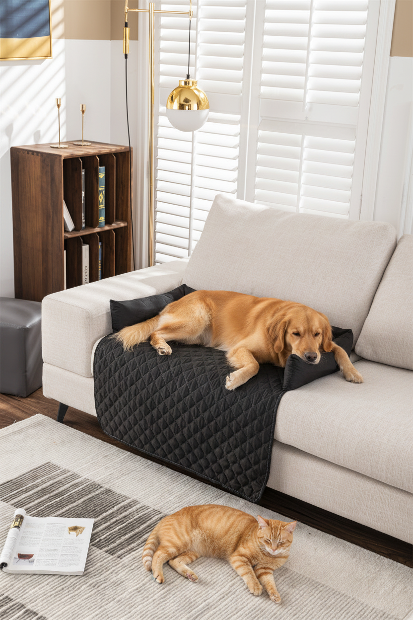 Dog and cat resting on a couch with a quilted blanket in a living room.