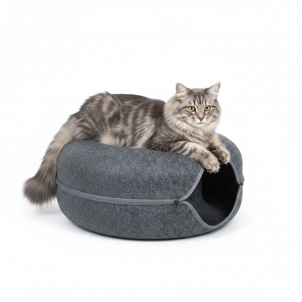 Cat lying on a gray pet bed with a white background