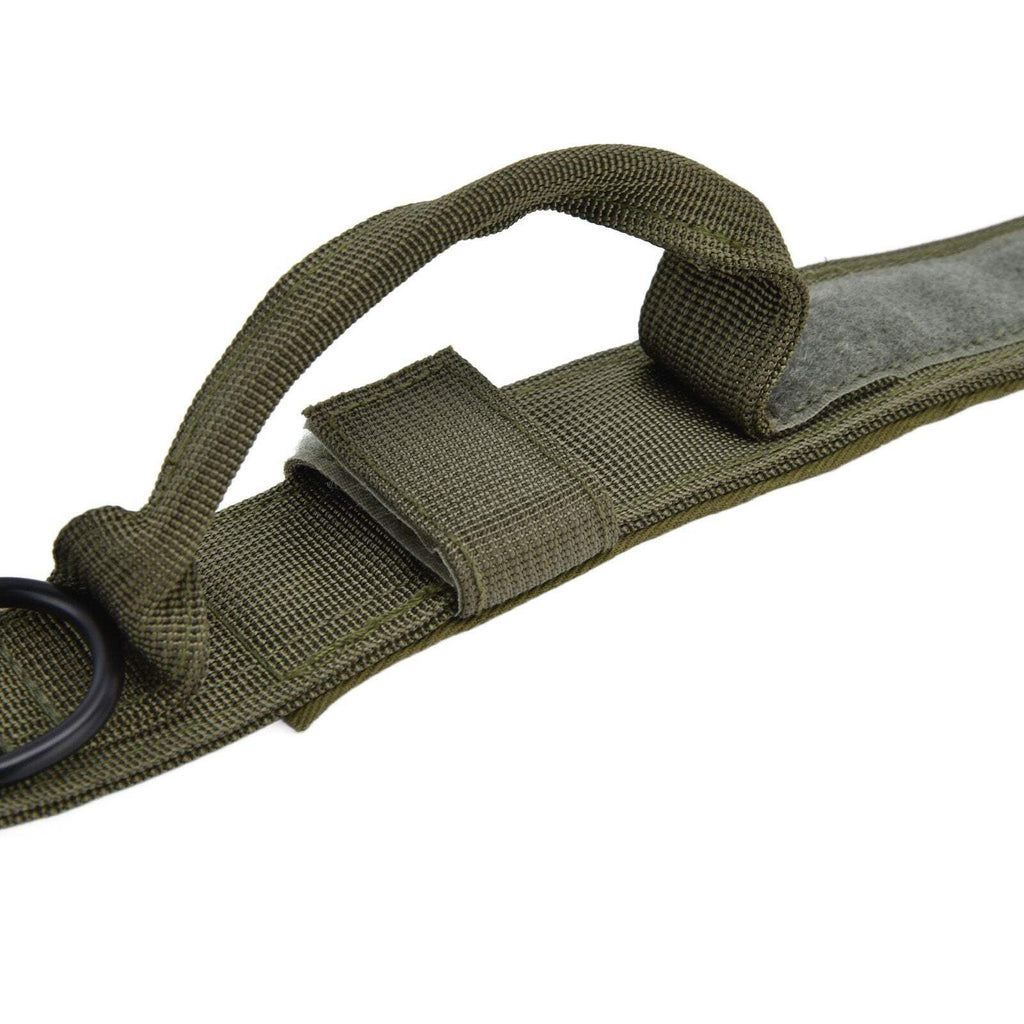 Green tactical belt with loops and a buckle on a white background