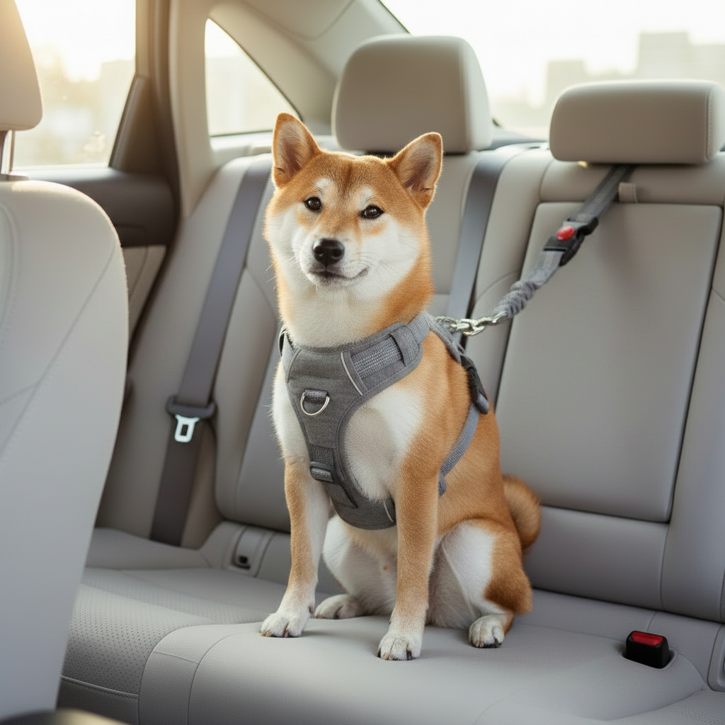 Shiba Inu kinnitatud autoistmele turvavööga