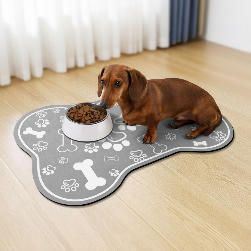 Dog eating from a bowl on a gray mat with paw and bone designs on a wooden floor.