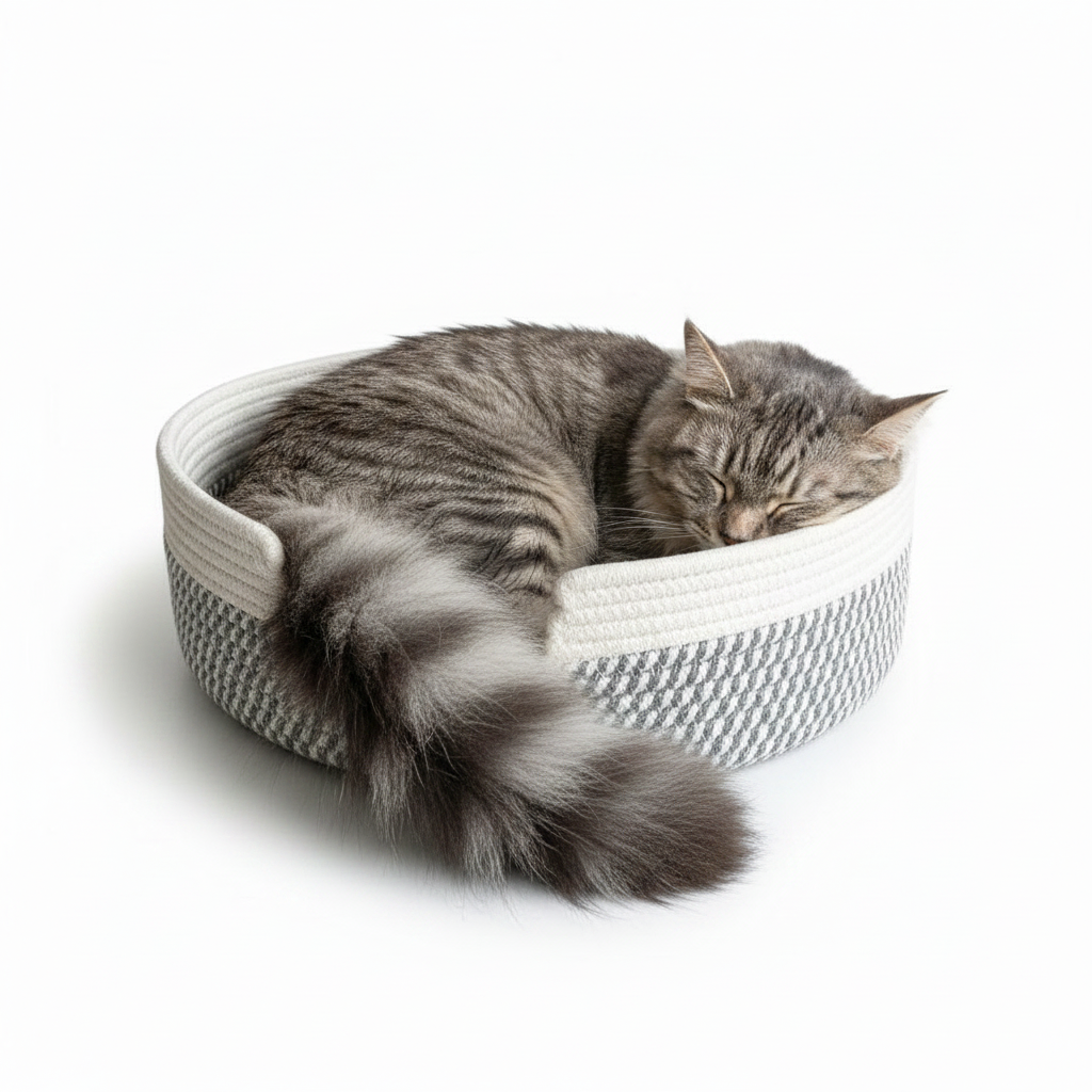 Cat sleeping in a woven pet bed on a white background