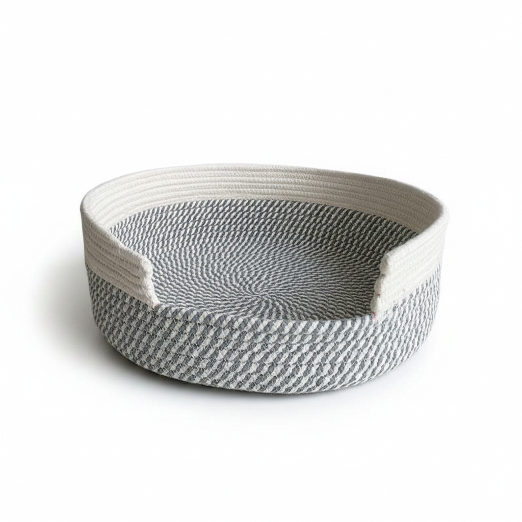 Woven basket with a striped pattern on a white background