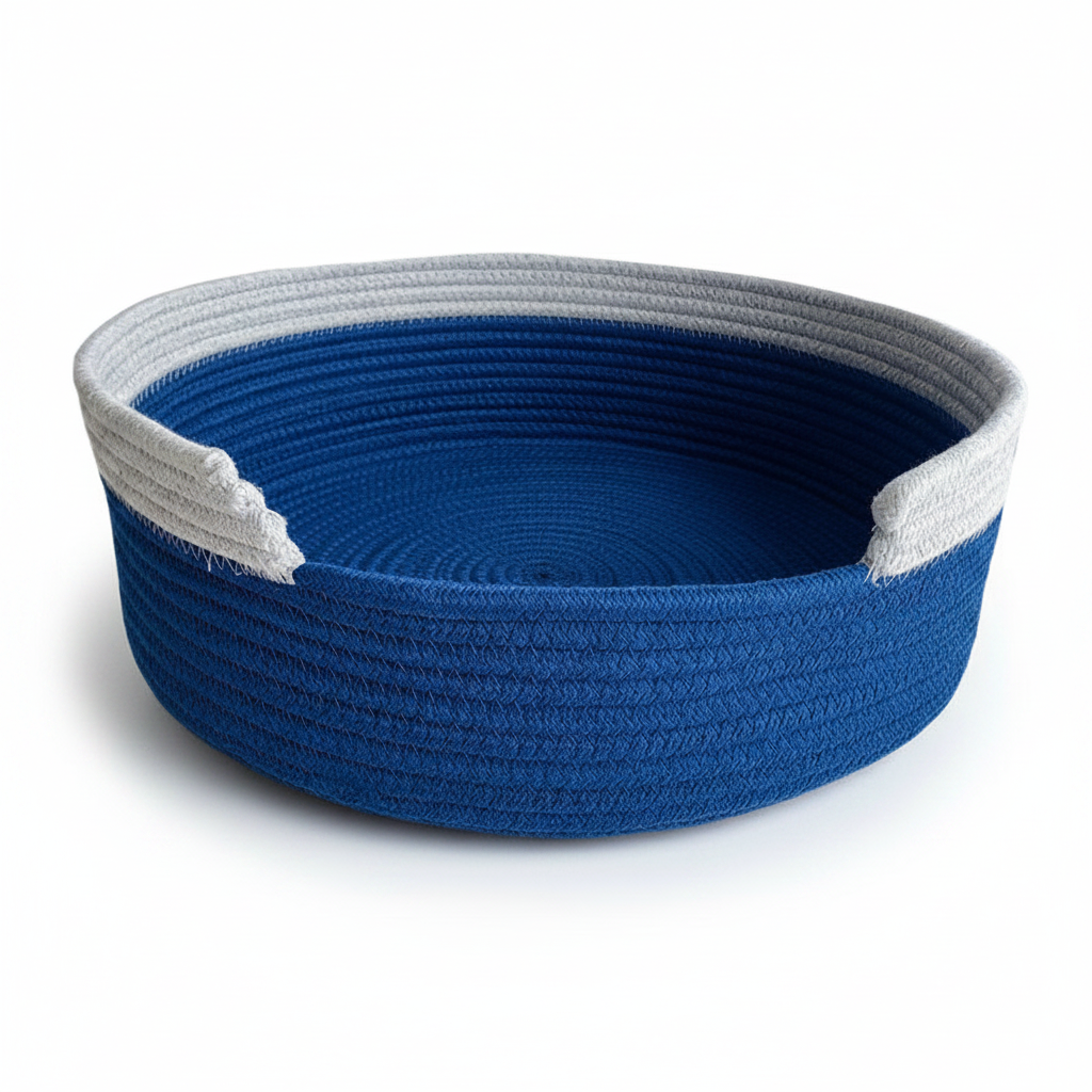 Blue and gray woven basket on a white background