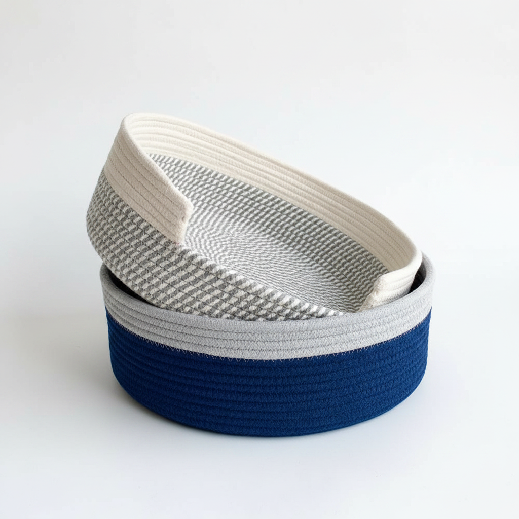 Two woven baskets, one white and one blue, on a light gray background